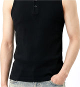 Ribbed Henley-Neck Sleeveless Top Black