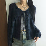 Demeon Napping Checkered Frill Ribbon Blouse