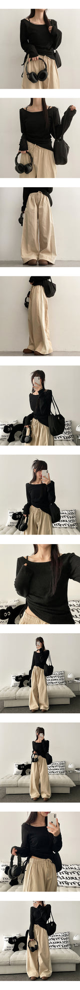 Two-Tone String Coloring Cotton Banded Waist Wide Pants