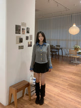 Perry Denim-Layer Cable Knit Long Sleeve Cardigan