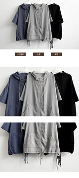 Shine Linkle Boxy Fit String Short-Sleeved Hooded Zip-Up Jumper