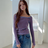 ストライプスクープネックTシャツ_ブルー
