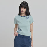 Flower Henley Neck Half Sleeve T-shirt