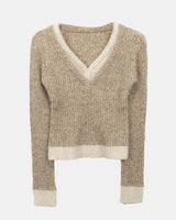 Ripin Color-Block V-Neck Slim Bouclé Long-Sleeve Knit
