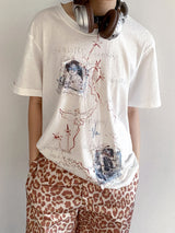 アップリケプリントパッチワークルーズショートスリーブTシャツ