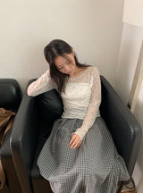 Zaina Tencel U-Neck See-through Flower Layered Long Sleeve Tee