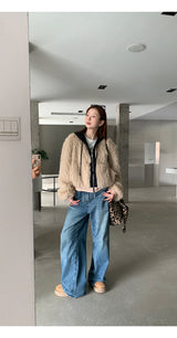 Eyes Hooded Layered Fur Zip-Up Jacket