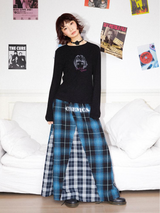 Irregular hemline design printed double-checkered pattern patchwork loose long half skirt