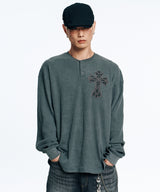 Cross Waffle Henley Neck Long Sleeve - Charcoal
