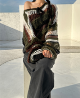 BOW LOOSE-FIT LAYERED NET SOFT CROPPED COLOR-BLOCK KNIT - 2 COLOR