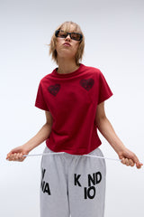 EEERRR Heart lace artwork semi-crop T-shirt (Red)