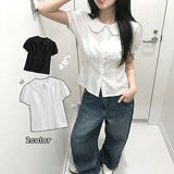 Dike Round Collar Puff Sleeve Vertical Slit Short Sleeve Blouse (2 Colors)