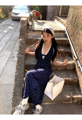 Navy Halterneck Flower Long Dress