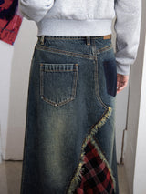 Denim patchwork checked fishtail skirt