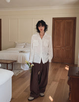 Leaf double pin tuck string wide slacks
