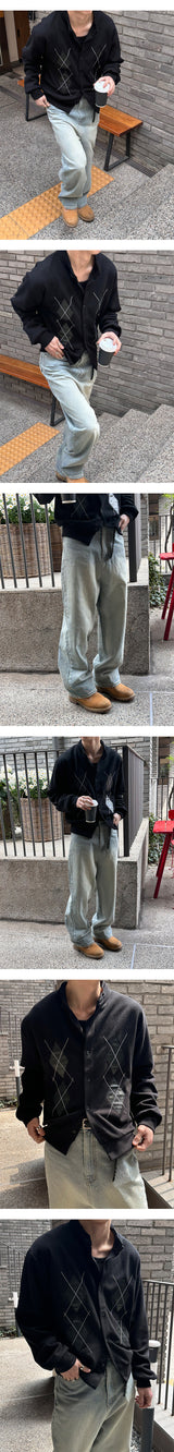 [Unisex] アーガイルパターンハーフネックカーディガン(2color)