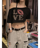 リップオフショルダー半袖Tシャツ(2color)