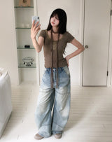 [Scarf SET] Mocha Lace Ribbed Short Sleeve Set