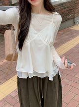 [SHOPPERMADE] サテンシルキーシフォンスリーブレスブラウス