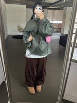 (UNISEX) LEATHER FAUX-LEATHER AUTUMN BOXY ルーズフィットフィールドジャケット – KHAKI