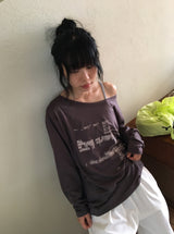 ガウス ルーズフィット プリンティング オフショルダー ロングスリーブ Tシャツ