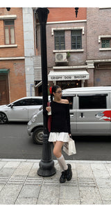 Black Unbalanced Long-Sleeved Knitwear Frill Dress