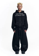 Lettering Embroidered Hoodie Zip-Up - Black