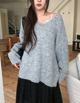 Tiyee slit V-neck unbalance long knit