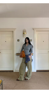Khaki brown line wide cotton pants