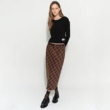 Slit Checked Long Skirt Brown