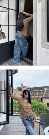 Pocket Embroidery Straight Long Denim Pants