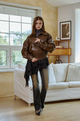PAMELA LEATHER BOMBER JACKET / BROWN