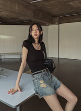 ボヘミアンフリンジショートデニムパンツ