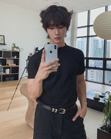 スロウリーボタンマッスルフィットリブドショートスリーブTシャツ