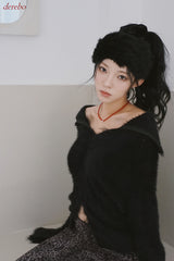 Black Angora Turtleneck Cardigan Knitwear
