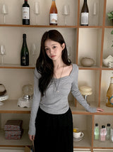 Raymi Heart Neck Shirring Slim Rib T-Shirt (4color)