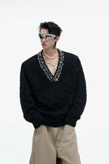 Rhinestone Diamond Knit V-Neck Sweater