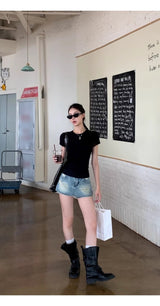 バックシースルービーズブラックラウンド半袖Tシャツ