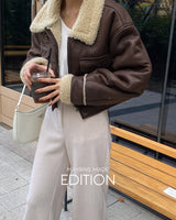 【MADE】Spread Collar Cropped Faux Shearling Jacket