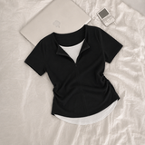 Delicate Fit Layered Half-Zip Short Sleeve T-Shirt (4 colors)