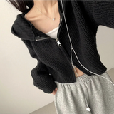 Leppon Thick Two-Way Cropped Knitwear Hooded Zip-Up