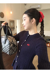 Twisted frill knit long-sleeved cardigan
