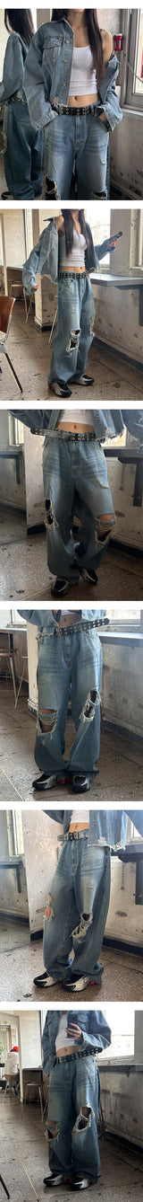 [Unisex] 膝下ダメージワイドデニムパンツ