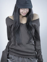 Loose V-Neck Long Sleeve -Brown