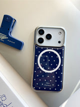 [MADE]ネイビーホワイトドット エポキシ シルバー MagSafe iPhoneケース