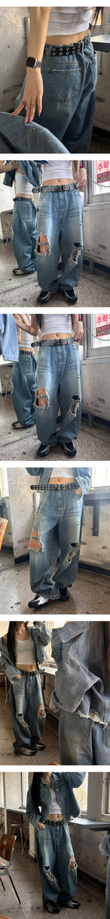 [Unisex] 膝下ダメージワイドデニムパンツ