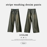 Mack Washing Stripe Diagonal Slot Denim Wide Pants