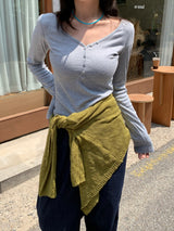 Button Fake V-Neck Ribbed Slim Tee (8c)