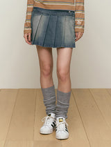 LOW-WAIST UNBLUELNCE DENIM PLEATS MINI SKIRT [BLUE]