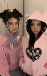 EatmePlz Newjeans haerin Pink Bear Heart Hoodie Jacket